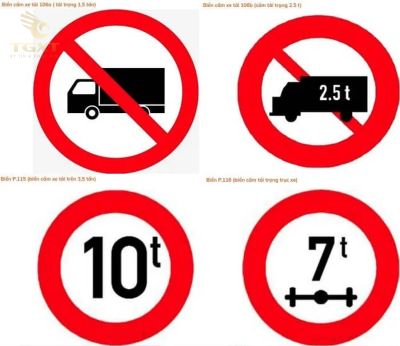 Biển báo cấm tải trọng và tổng tải trọng trên xe tải, biển cảnh báo để tài xế đảm bảo tuân thủ luật giao thông.