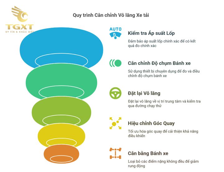 Hình ảnh thể hiện quy trình cân chỉnh vô lăng xe tải đúng kỹ thuật, đảm bảo an toàn vận hành.