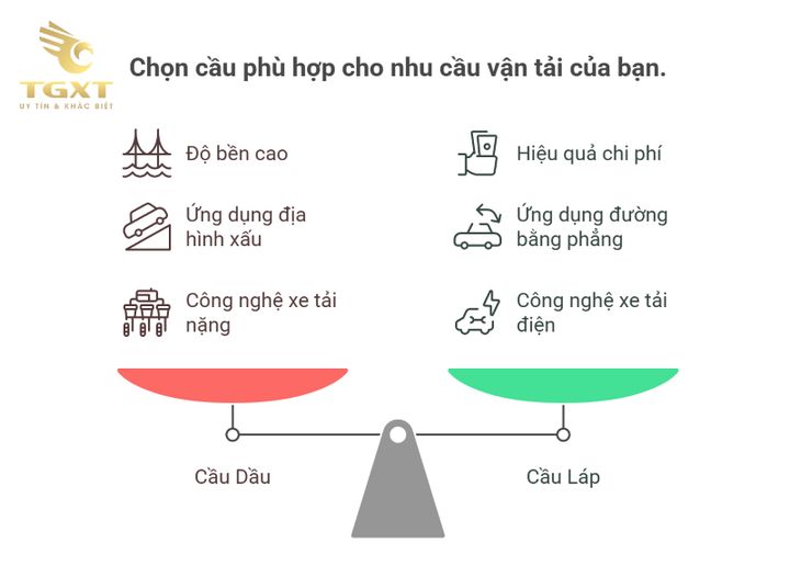 Hình ảnh phân loại cầu xe tải: Cầu dầu và Cầu láp, giúp vận tải hàng hóa hiệu quả hơn.
