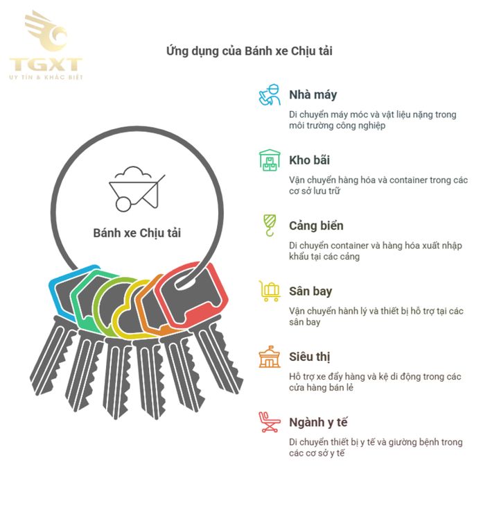 Bánh xe chịu tải cho xe tải công nghiệp, đa dạng vật liệu như cao su, PU, nylon, gang đúc và nhôm, phù hợp nhiều môi trường làm việc.